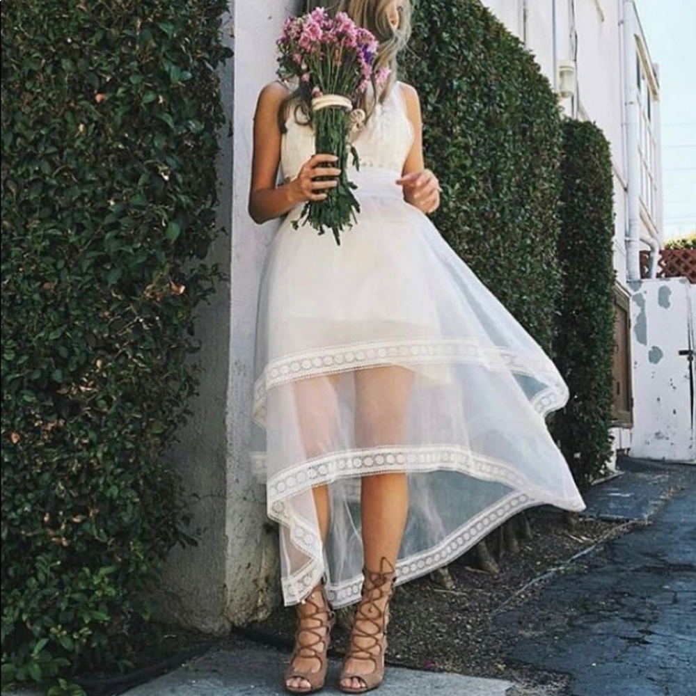 Layered white lace boho beach wedding dress